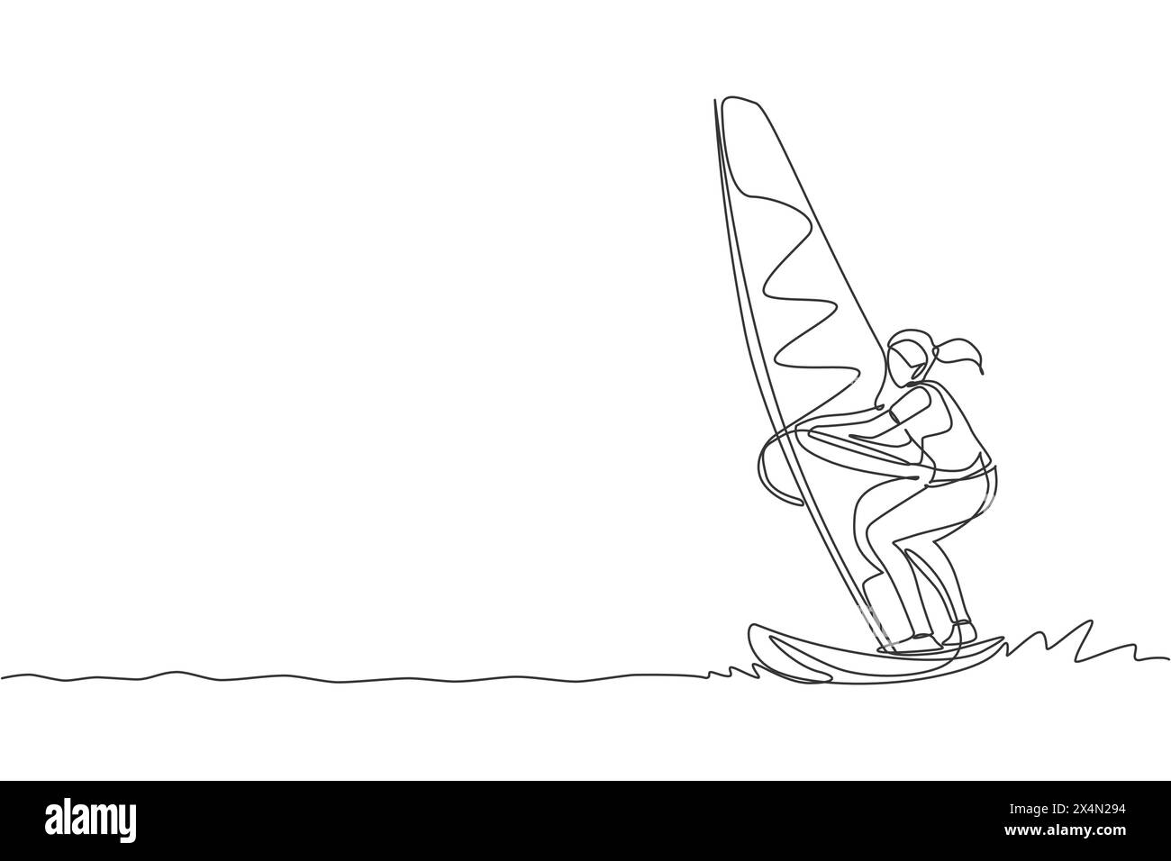 Un dessin simple ligne de jeune femme sportive joue à la planche à voile dans l'illustration vectorielle de la plage de la mer. Mode de vie sain et concept de sport extrême. Somme Illustration de Vecteur