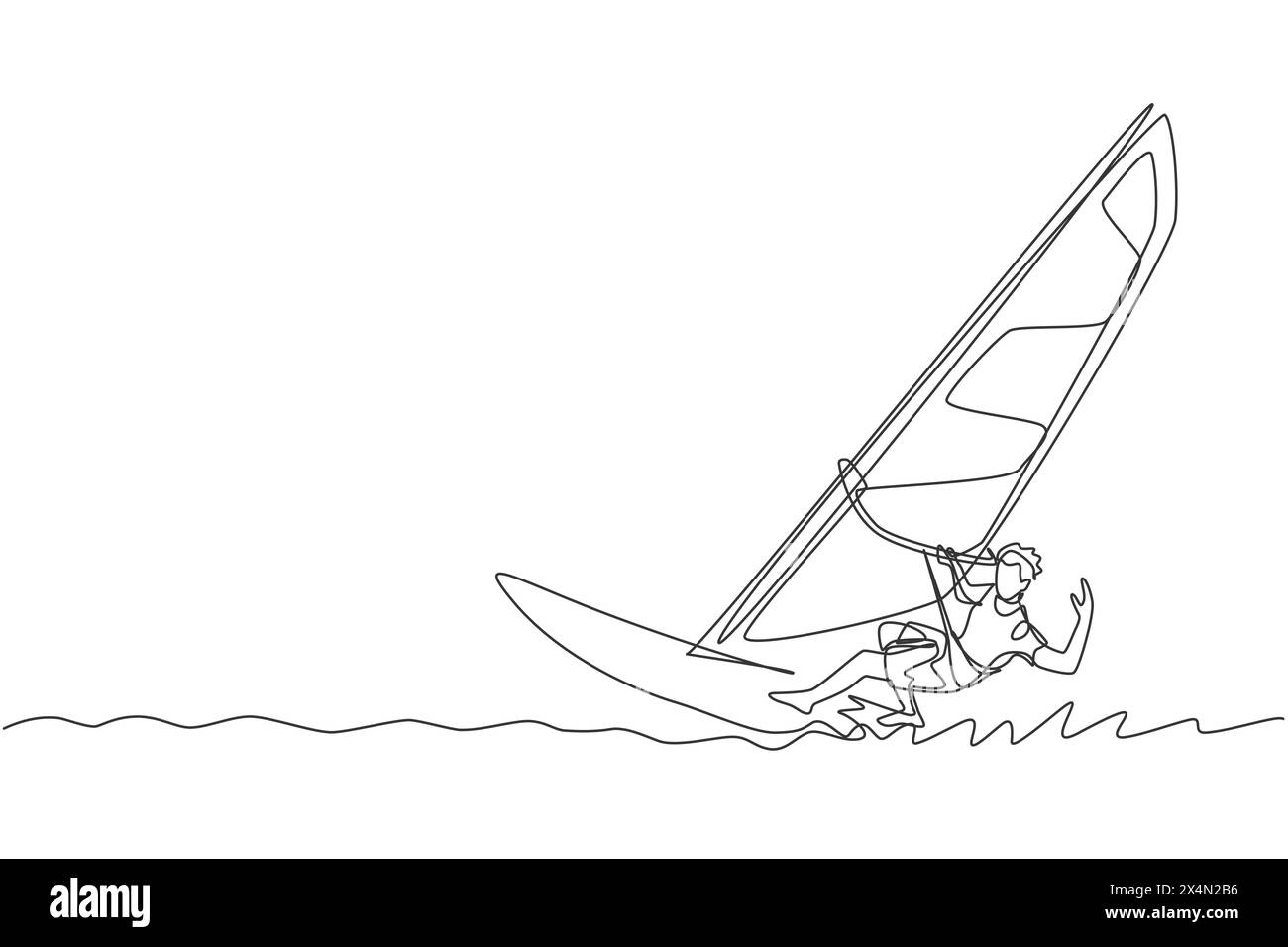 Dessin en ligne continue unique d'un jeune homme sportif surfeur jouant à la planche à voile dans la mer. Concept de sport marin extrêmement dangereux. Vacances d'été Illustration de Vecteur