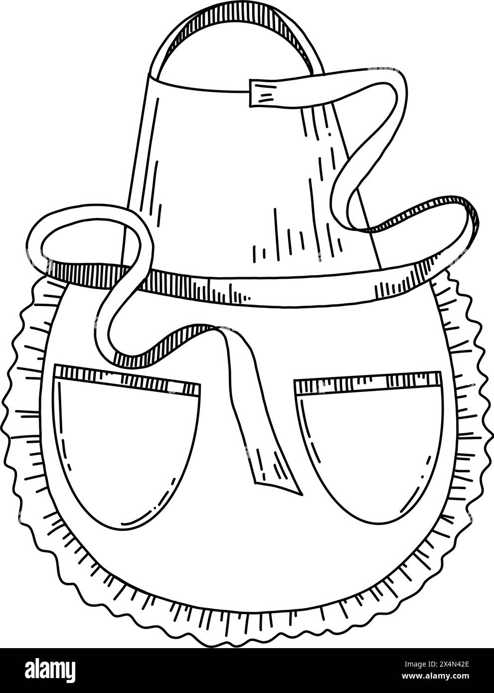 Ustensiles de cuisine. Tablier de cuisine avec de la dentelle et des rubans, dessiné en vecteur noir. Convient pour l'impression sur tissu, papier, autocollants, conception, scrapbooking. Illustration de Vecteur