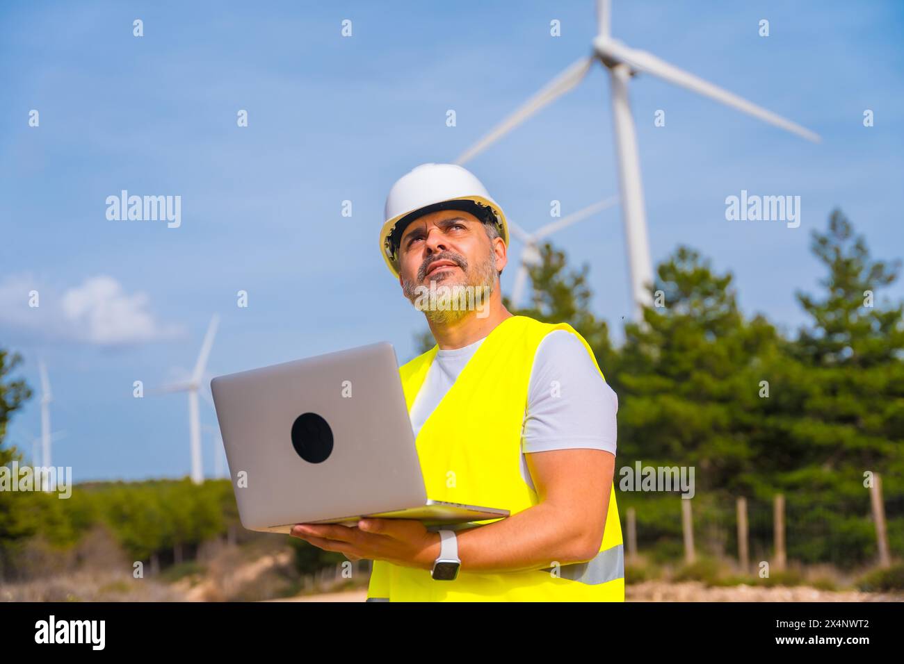 Travailleur masculin avec des vêtements de protection en utilisant un ordinateur portable debout dans un champ d'éolienne dans une journée ensoleillée Banque D'Images