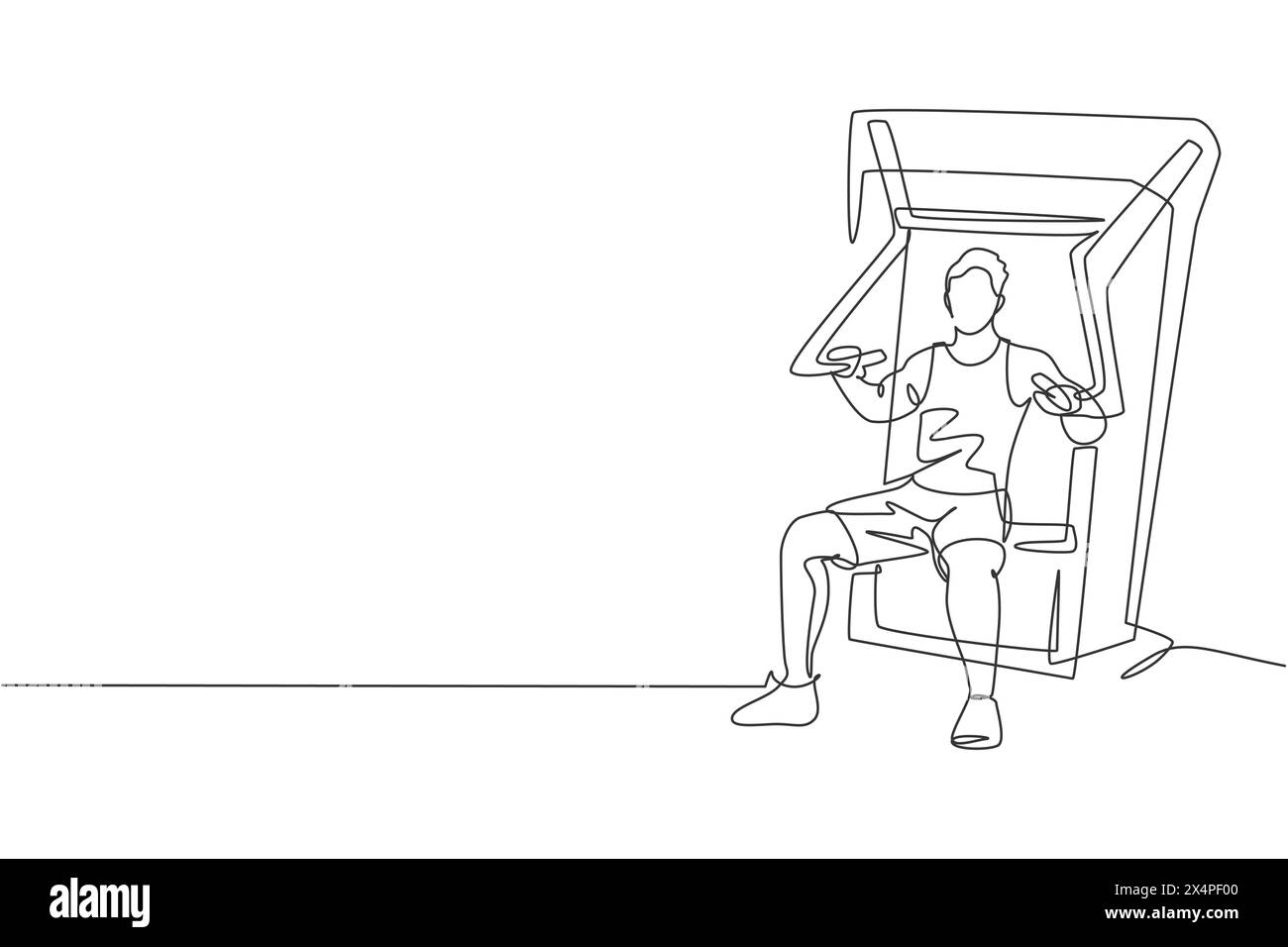 Dessin de ligne continue unique de jeune homme sportif s'entraînant avec banc de presse dans le centre de club de gymnase sportif. Concept d'étirement de fitness. Un tendance Illustration de Vecteur