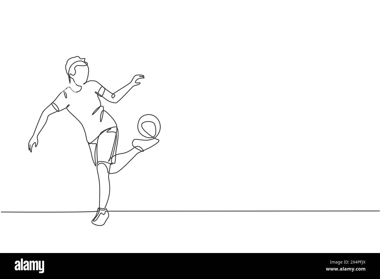 Un dessin en ligne continue de la pratique freestyler de football jeune homme pour tenir le ballon avec la plante des pieds dans la rue. Football sport freestyle concp Illustration de Vecteur