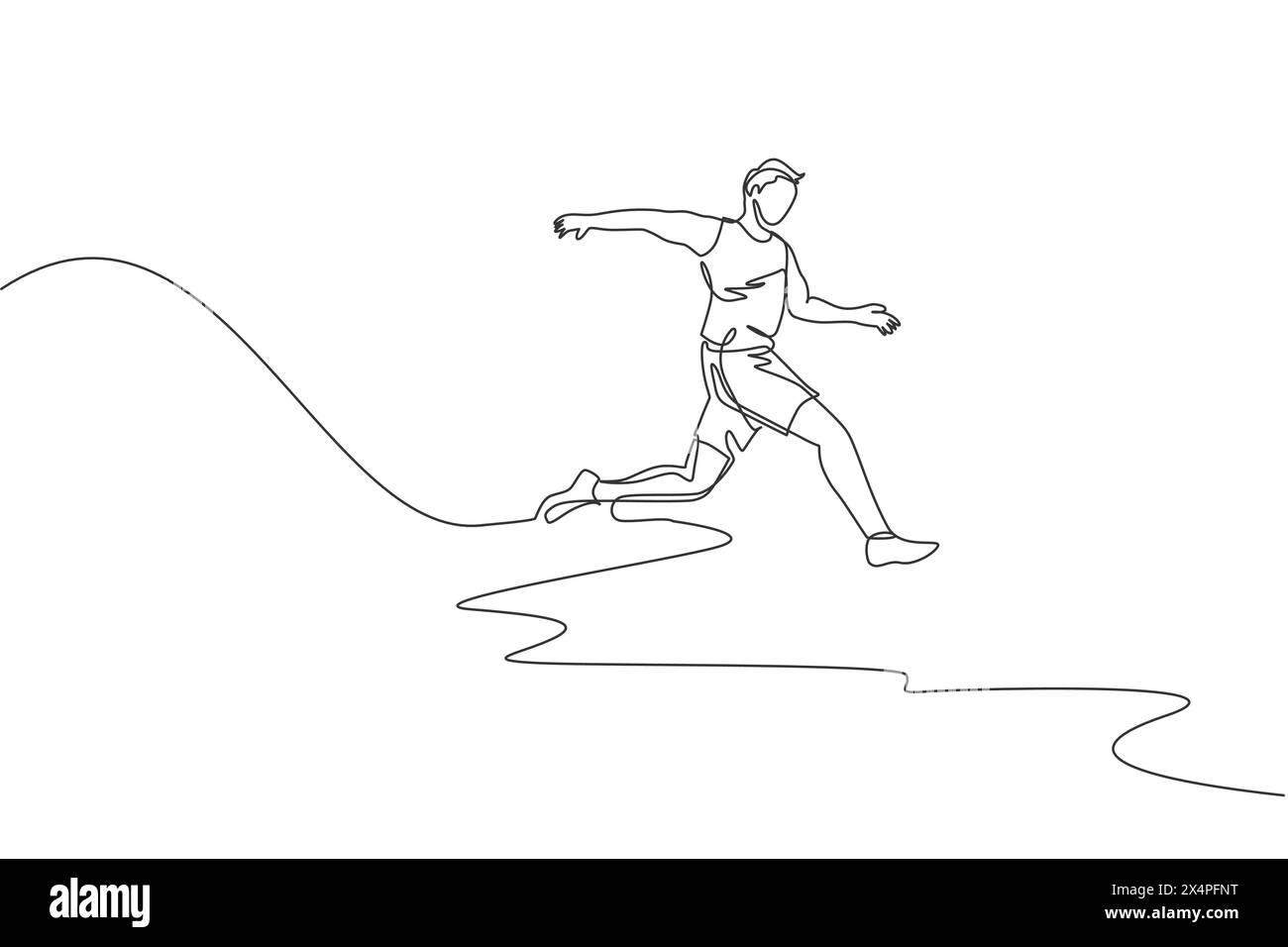 Dessin en ligne continue unique d'un jeune homme sportif entraînant le saut ling dans le stade. Concept de sport athlétique sain. Tournoi. Tendance Illustration de Vecteur