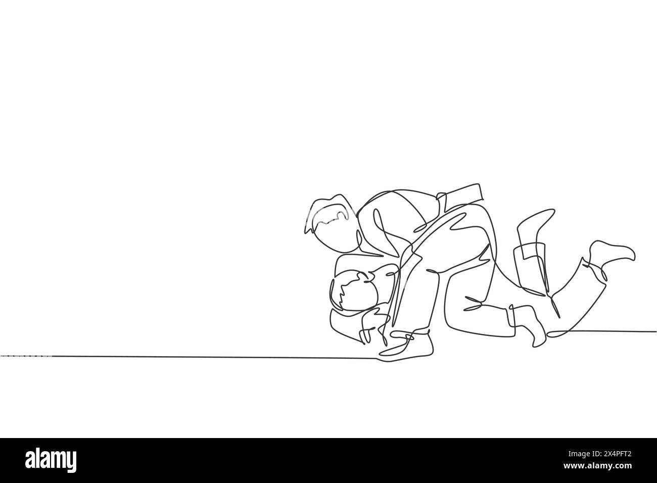 Un dessin au trait continu de deux jeunes hommes sportifs qui s'entraînent à la technique du judo à la salle de sport. Concept de compétition sportive de combat de JIU jitsu. Dynamique s Illustration de Vecteur