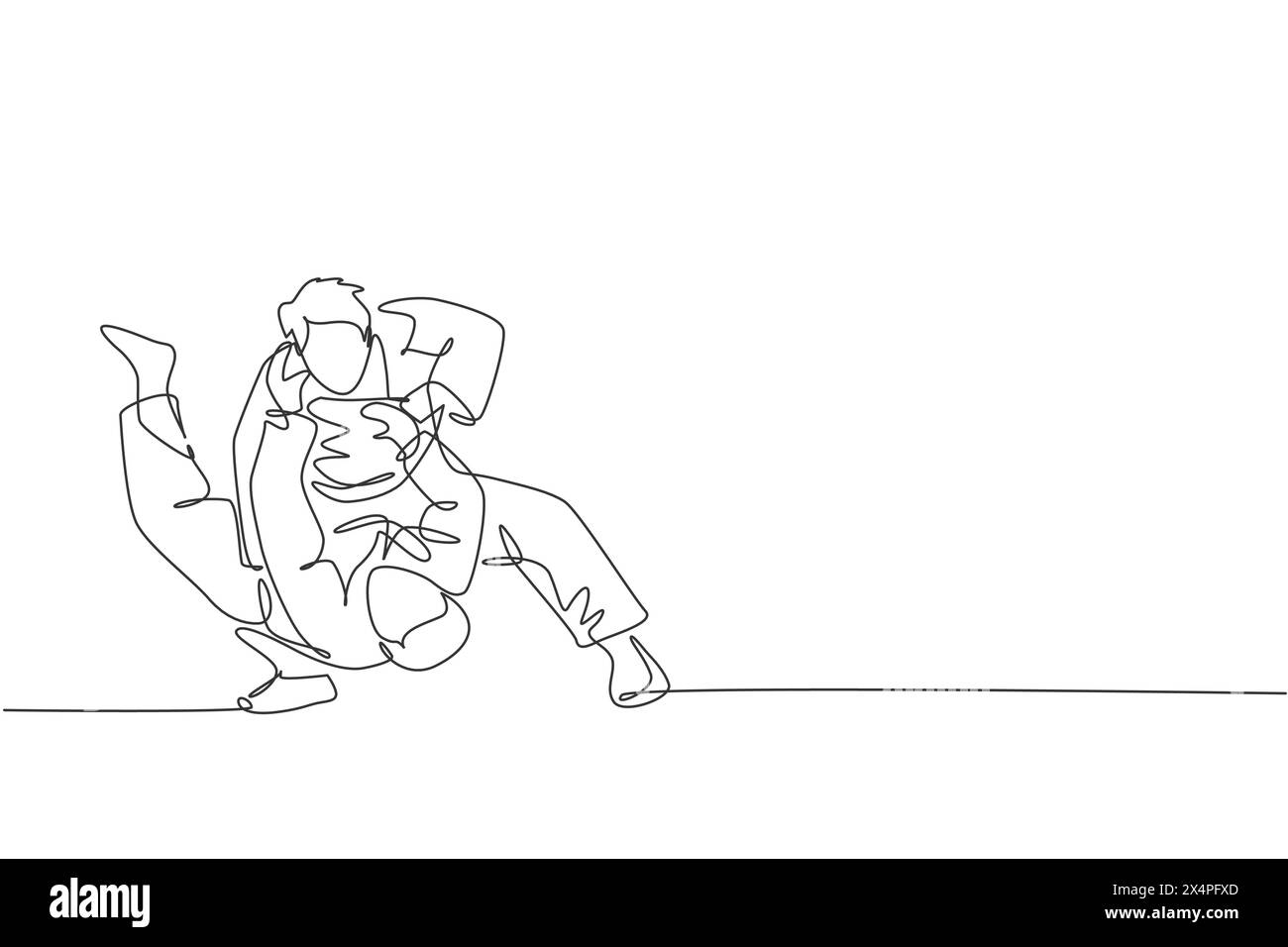 Un dessin au trait continu de deux jeunes hommes sportifs se concentrent sur la technique de judo d'entraînement à la salle de sport. Concept de compétition sportive de combat de JIU jitsu. Dy Illustration de Vecteur