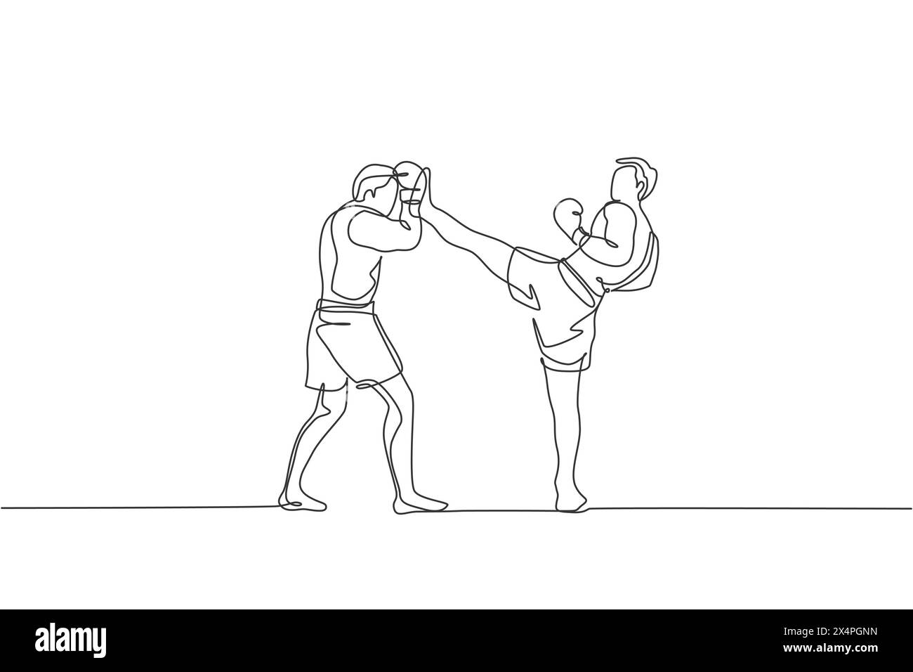 Dessin en ligne continue d'un combat de kickboxer de jeune homme sportif dans l'arène de boxe pour un tournoi local. Concept sportif de kickboxing de compétition de combat Illustration de Vecteur