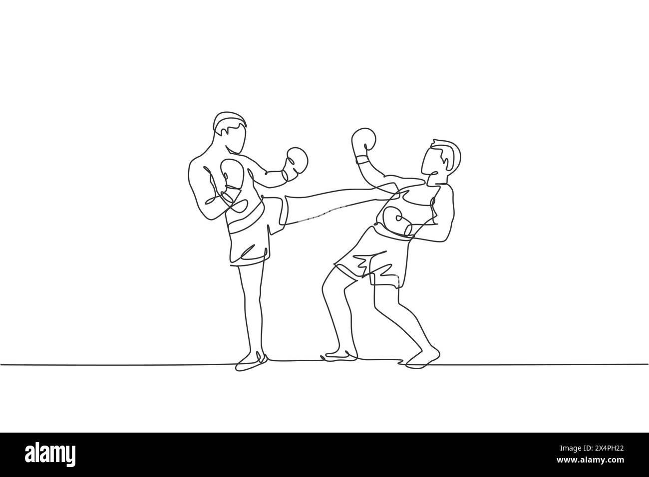 Dessin en ligne continue unique de jeune homme sportif kickboxer combattant pour le titre de champion dans la salle de sport. Combat compétition kickboxing sport concept. Illustration de Vecteur