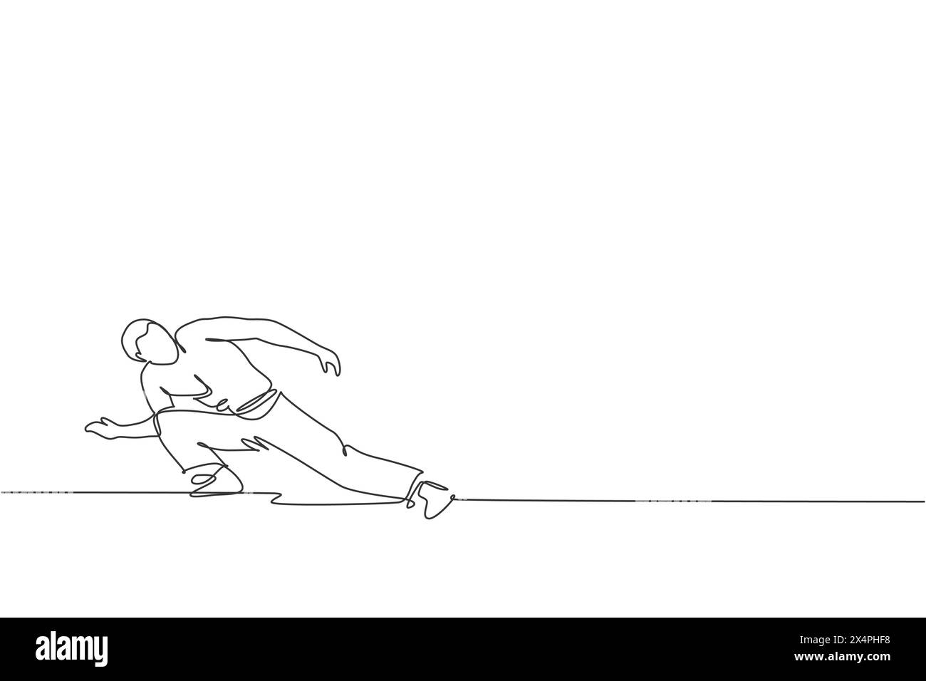 Dessin en ligne continue unique d'un jeune homme sportif pratiquant la danse de mouvement de capoeira brésilienne dans une rue en plein air. Culture art martial et concept sportif. Illustration de Vecteur