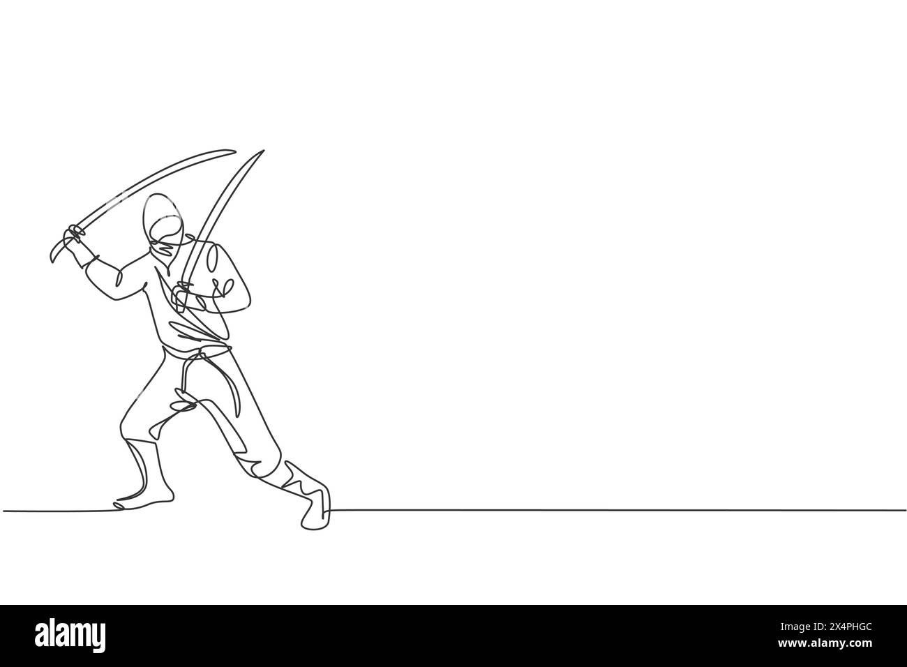 Un dessin d'une seule ligne représentant un jeune ninja traditionnel japonais énergique tenant des épées de samouraï sur une illustration vectorielle de pose d'attaque. Art martial combatif Illustration de Vecteur