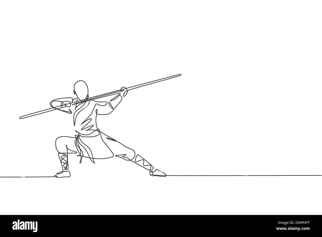 Un dessin simple ligne de jeune homme moine shaolin énergique exercice de kung fu combat avec bâton au temple illustration vectorielle. Ancienne martia chinoise Illustration de Vecteur