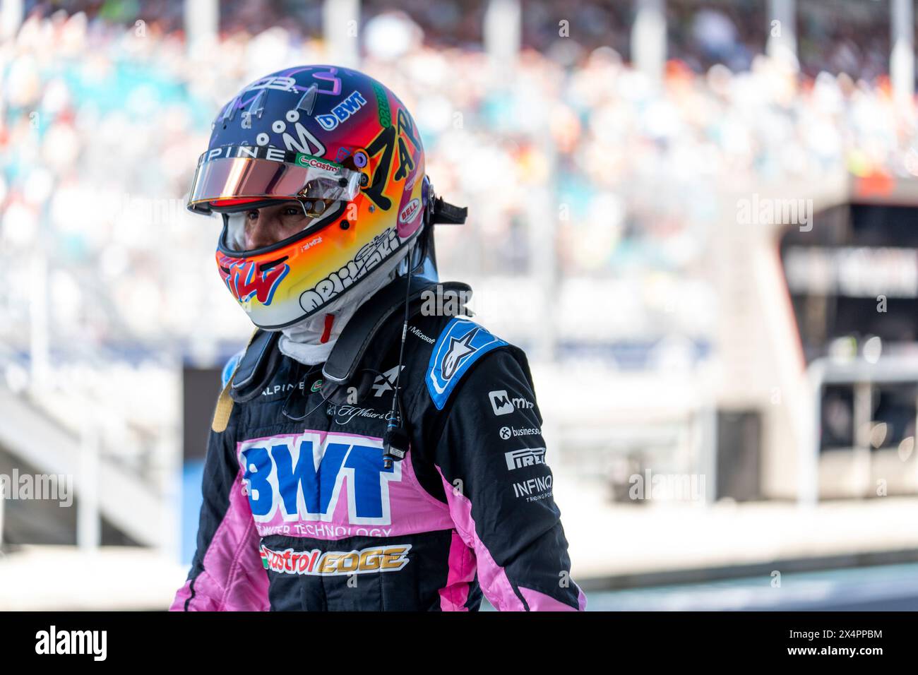 Miami Gardens, États-Unis. 04 mai 2024. Le pilote français de formule 1 Esteban Ocon de l'Alpine F1 Team est vu après sa qualification lors du Grand Prix de formule 1 de Miami à l'Autodrome international de Miami Gardens, Floride, le samedi 4 mai 2024 photo par Greg Nash/UPI crédit : UPI/Alamy Live News Banque D'Images