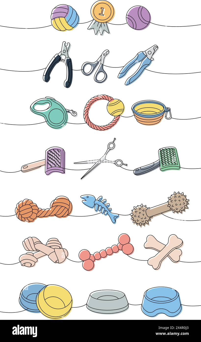 Assortiment de fournitures pour animaux domestiques. Oreiller de couchage, jouet à mâcher, jouets de balle, médaille, ciseaux, coupe-ongles, brosse, décapant de fourrure, aquarium, porte-sac à dos Illustration de Vecteur