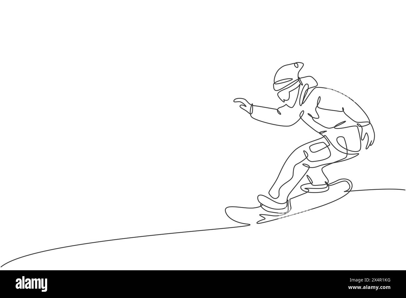 Un dessin en ligne continue de jeune homme sportif snowboarder sur le snowboard dans la montagne de poudreuse enneigée des alpes. Concept de sport de style de vie hivernal. Dynamique si Illustration de Vecteur