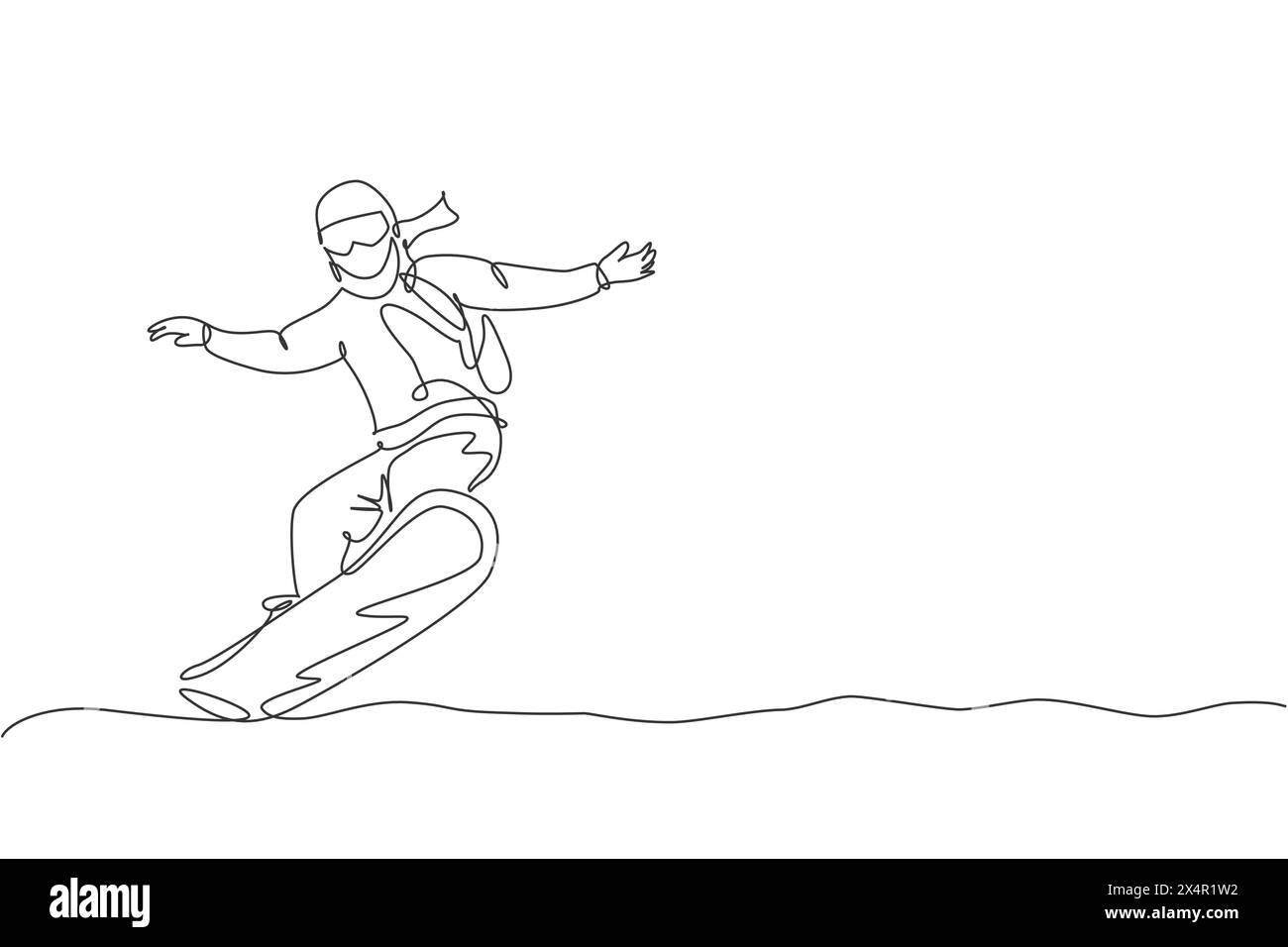 Un dessin en ligne continue de jeune homme sportif snowboarder sur le snowboard dans la montagne de poudreuse enneigée des alpes. Concept de sport de style de vie hivernal. Dynamique si Illustration de Vecteur