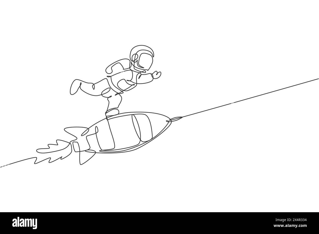 Un dessin au trait unique d'astronaute dans la combinaison spatiale flottant et découvrant l'espace profond tout en se tenant debout à l'illustration de vaisseau spatial de fusée. Explorer l'extérieur Illustration de Vecteur
