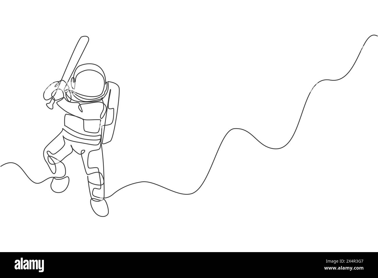 Dessin en ligne continue unique d'un astronaute jouant au baseball sur la surface de la lune. Astronomie spatiale galaxie concept de sport. Dessiner une ligne à la mode dessiner une desig Illustration de Vecteur