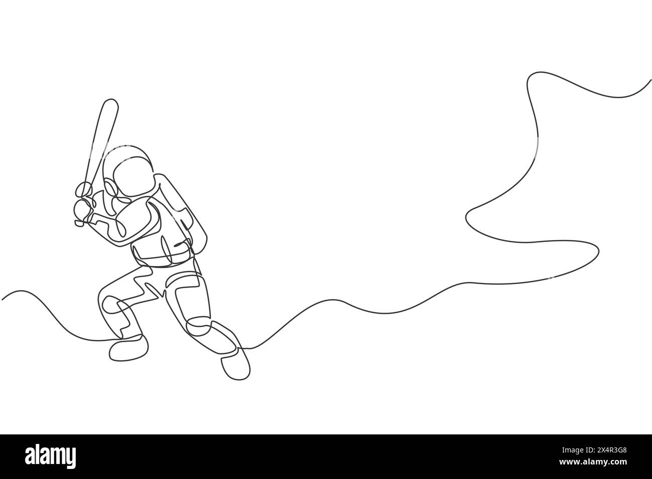 Un dessin au trait continu d'astronaute jouant au baseball dans la galaxie spatiale lointaine. Concept de sport de fitness sain Spaceman. Graphique de dessin dynamique à ligne unique Illustration de Vecteur
