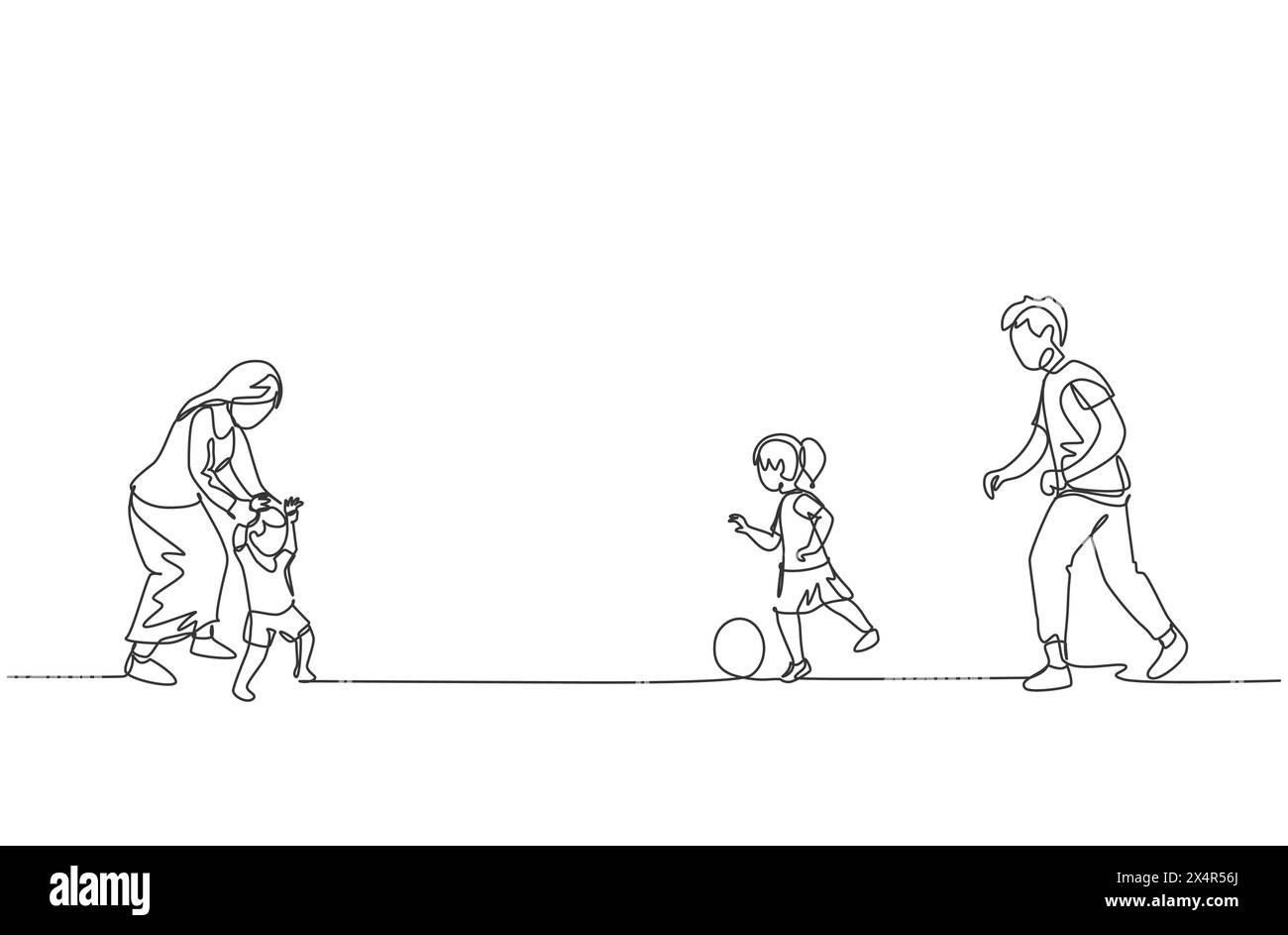Un dessin simple ligne de jeune père jouant au football avec sa fille tandis que la mère apprend à son fils à marcher au champ illustration vectorielle. Famille heureuse pare Illustration de Vecteur