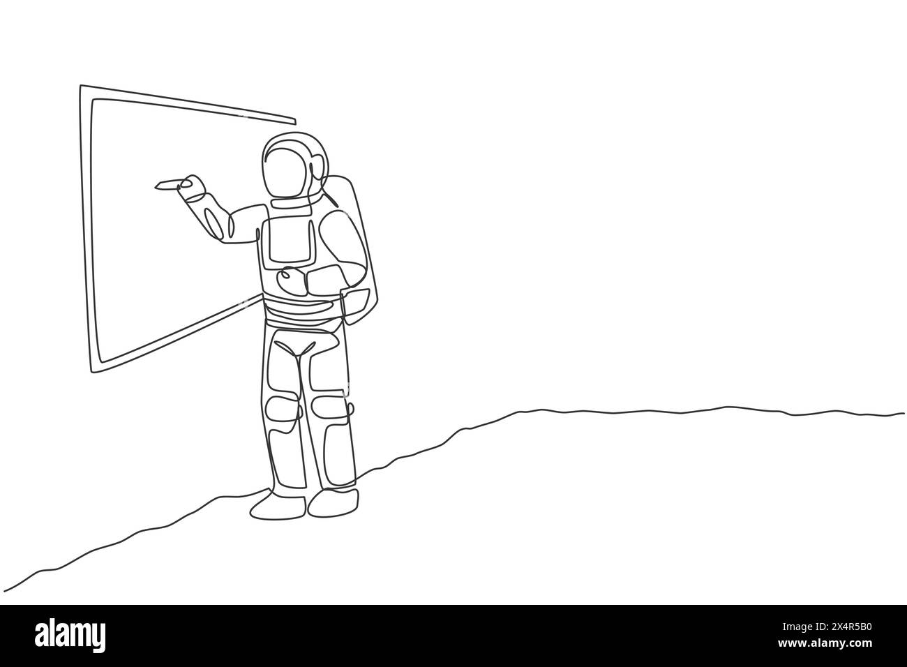 Un dessin au trait continu d'un jeune astronaute expliquant la formule et écrivant sur le tableau blanc dans la surface de la lune. Concept d'espace de galaxie cosmique. Sing dynamique Illustration de Vecteur