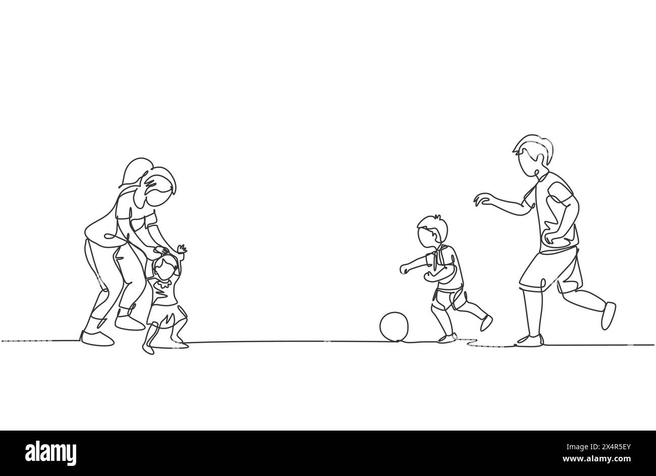 Un dessin au trait continu d'un jeune père jouant au football avec son fils tandis que sa mère apprend à sa fille à marcher sur le terrain. Concept de parentalité familiale heureuse. D Illustration de Vecteur