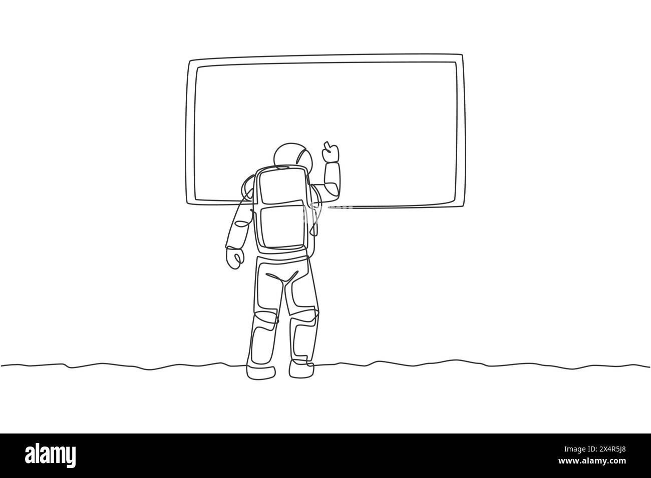 Un dessin simple ligne de jeune astronaute écrivant sur le tableau blanc pour enseigner à quelques étudiants l'illustration vectorielle graphique de surface de lune. Cosmonaute profond sp Illustration de Vecteur