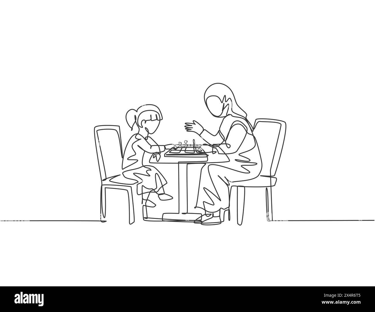 Dessin en ligne continue unique de la jeune maman arabe enseigner à sa fille la stratégie et chaque pion se déplace tout en jouant aux échecs. Maternité familiale heureuse islamique Illustration de Vecteur