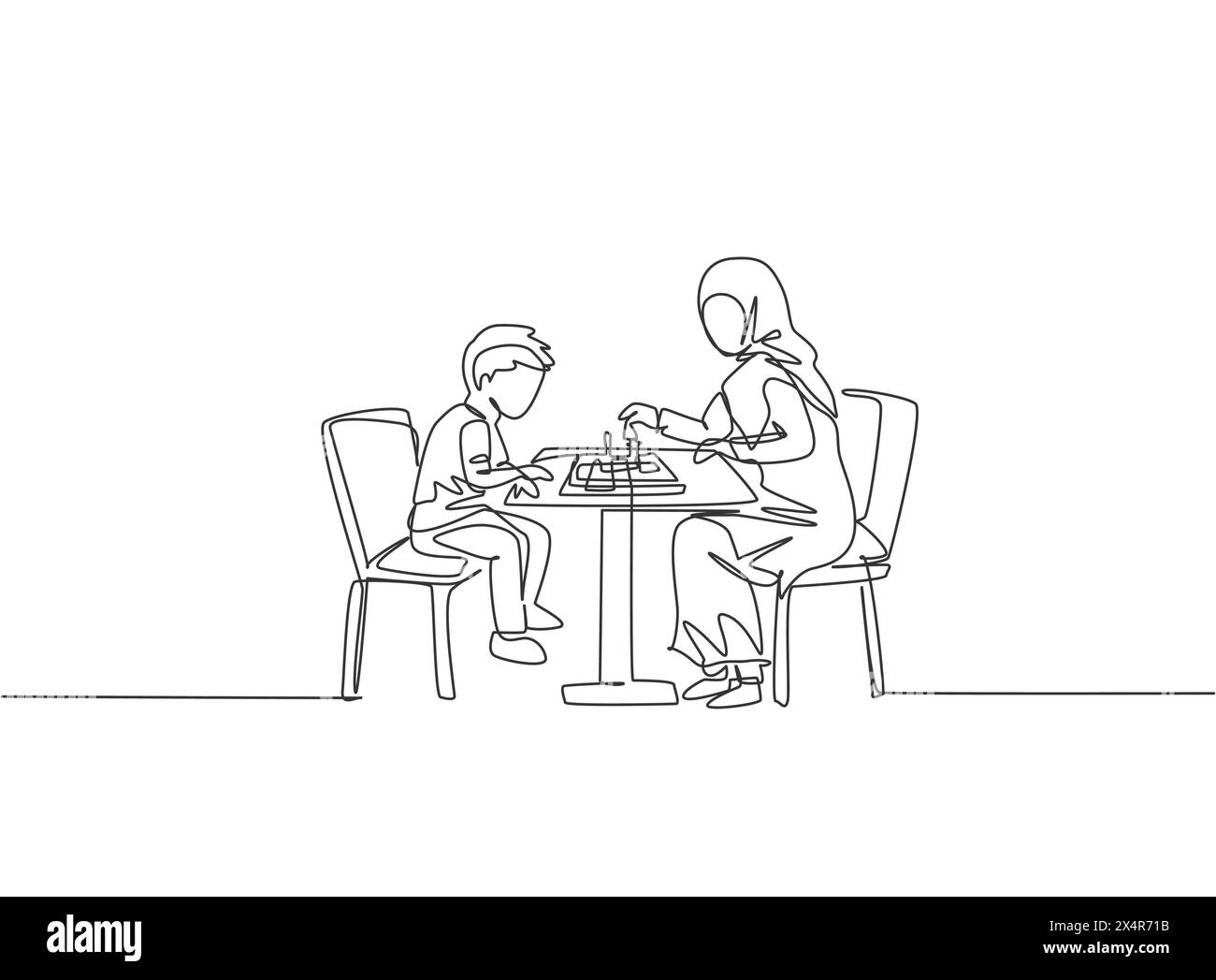Un dessin simple ligne de la jeune mère arabe apprendre à son fils à jouer aux échecs sérieusement à la maison illustration vectorielle. Heureuse famille musulmane parenti Illustration de Vecteur
