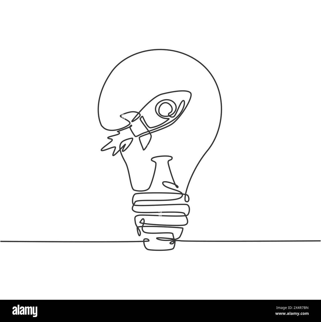 Un dessin en trait continu du lancement de fusée à l'intérieur de l'emblème du logo Clean Lightampoule. Concept de modèle d'icône de logotype de société cosmos Technology. Chant moderne Illustration de Vecteur