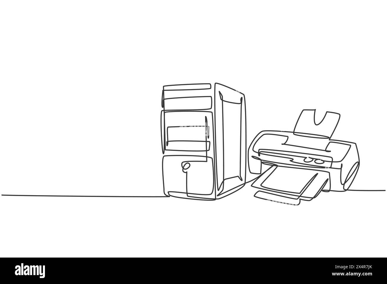 Un dessin simple ligne de l'ordinateur cpu avec imprimante jet d'encre pour petit bureau à domicile. Concept d'outils d'équipement d'affaires d'électricité. Li. Continue dynamique Illustration de Vecteur