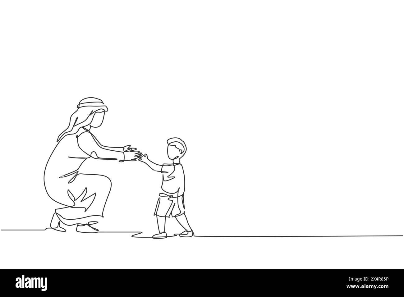 Un dessin au trait continu d'un jeune garçon arabe tenant la main de son père pour apprendre à marcher. Heureux concept de famille musulmane parentale musulmane. Dynami Illustration de Vecteur