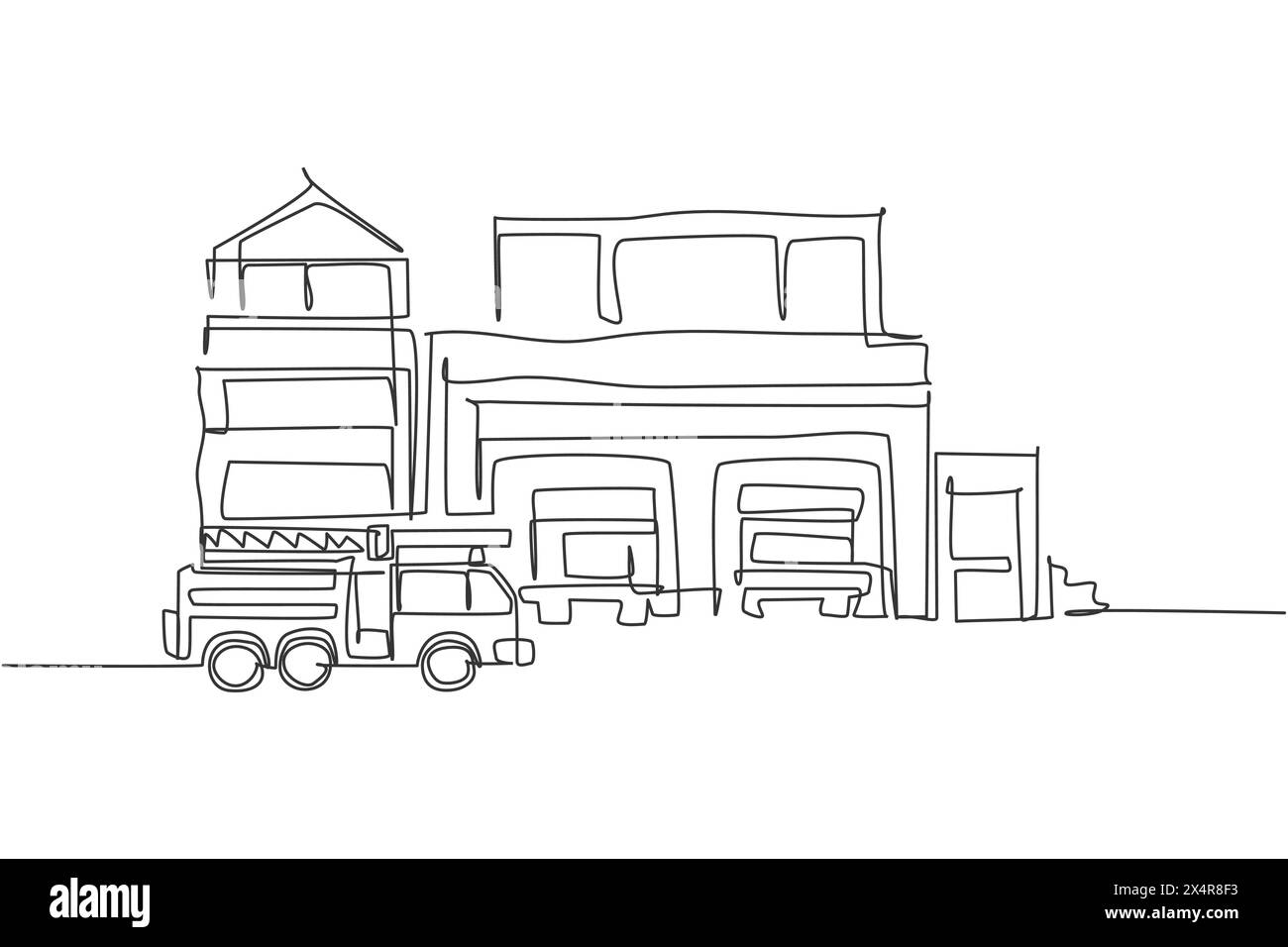 Dessin au trait continu unique de la construction d'un bâtiment de caserne de pompiers. Camp de base de pompiers concept de minimalisme isolé. Graphique de dessin dynamique d'une ligne Illustration de Vecteur