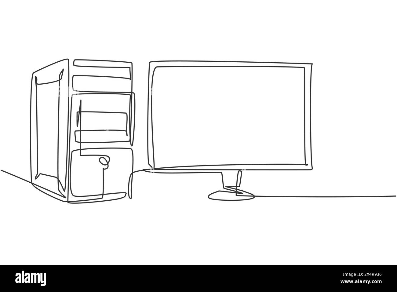 Dessin de ligne continue unique de l'unité d'ordinateur cpu et moniteur d'écran pour la société. Concept électronique d'équipement de petite entreprise à domicile. Une ligne moderne Illustration de Vecteur