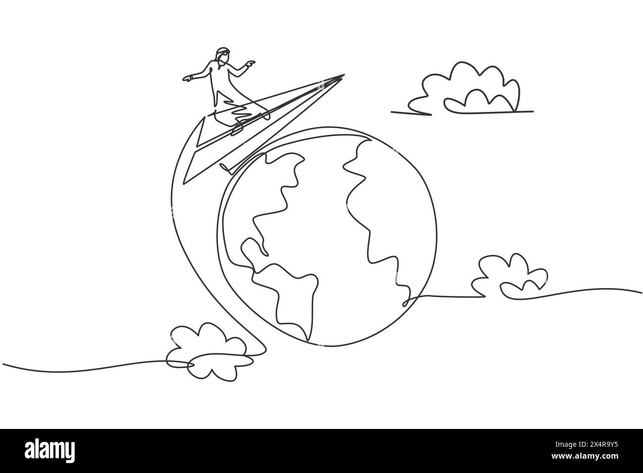 Simple dessin d'une ligne de jeune homme d'affaires arabe autour du monde avec avion de papier volant. Concept de métaphore minimale du voyage d'affaires mondial. Continue Illustration de Vecteur