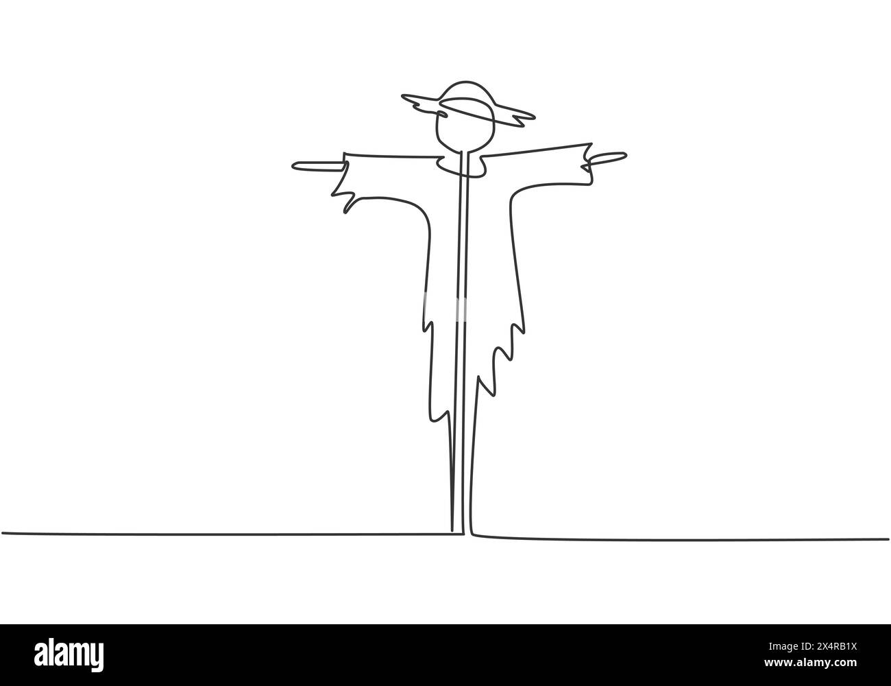 Dessin en ligne continue unique d'épouvantail installé par les agriculteurs pour éloigner les oiseaux nuisibles qui ont endommagé les cultures de riz dans les champs. Concept de minimalisme Illustration de Vecteur