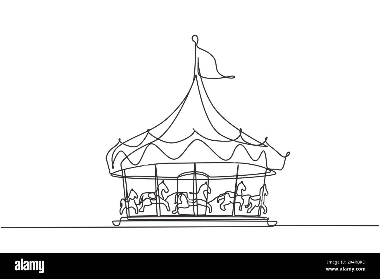 Carrousel de cheval de dessin continu d'une ligne dans un parc d'attractions tournant sous une grande tente avec un drapeau dessus. Des loisirs que les enfants adorent. L unique Illustration de Vecteur