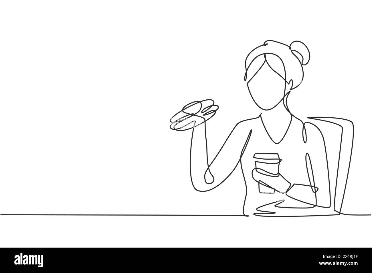 Continu une ligne dessinant jeune femme ayant un repas hamburger et une tasse de cola à boire avec la main. Heureux et profiter du déjeuner au restaurant. Nourriture délicieuse. Si Illustration de Vecteur