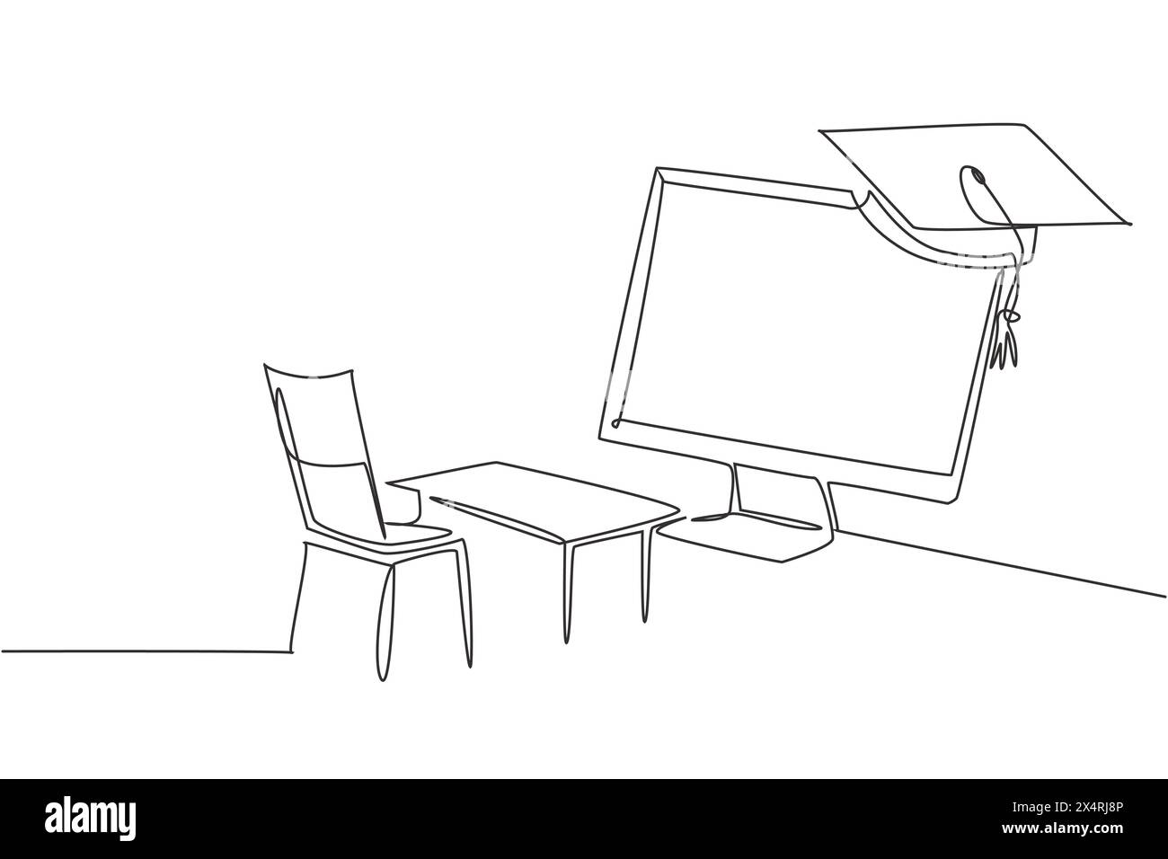 Simple une ligne dessinant des chaises d'étude vides et des bureaux face à l'écran géant de moniteur dans lequel il y a un tableau noir et un chapeau de graduation sur le dessus. Contin moderne Illustration de Vecteur