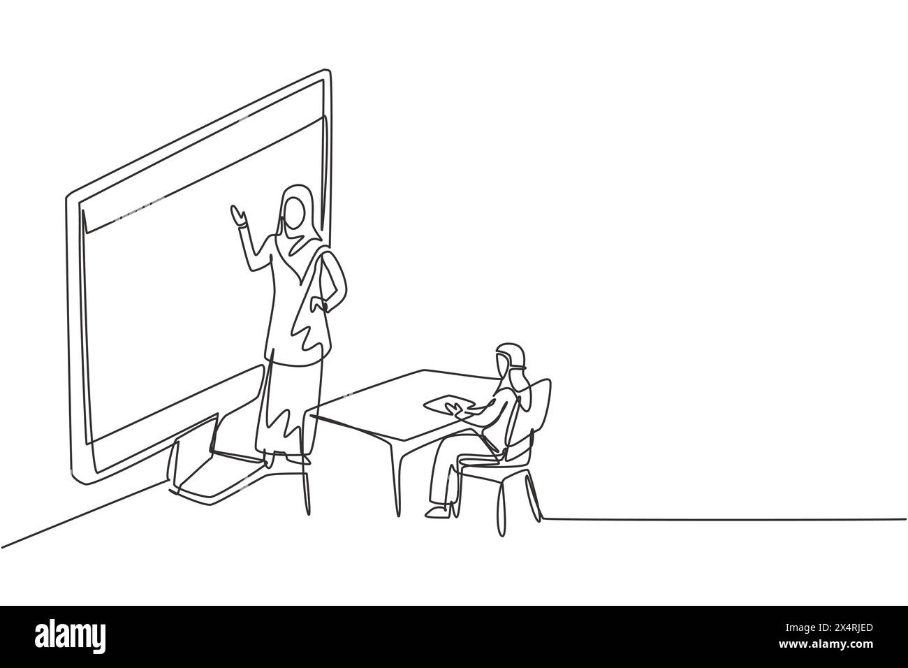 Simple une ligne dessinant une enseignante arabe debout devant l'écran de moniteur tenant le livre et enseignant le hijab aux étudiantes assis sur des bancs Illustration de Vecteur