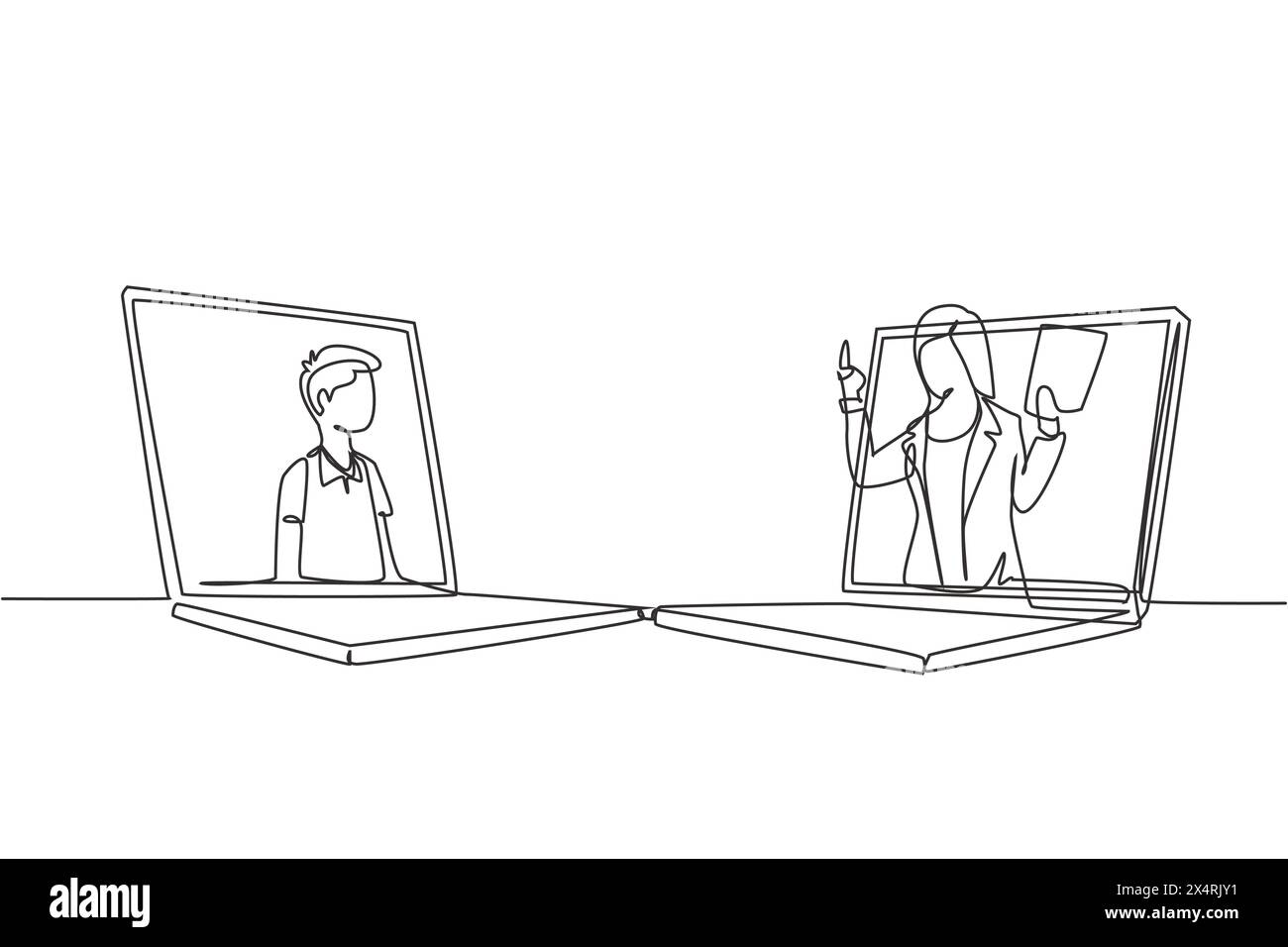 Simple dessin d'une ligne deux ordinateurs portables se tiennent devant l'autre, un côté contient un étudiant masculin du collège étudiant et l'autre suite Illustration de Vecteur