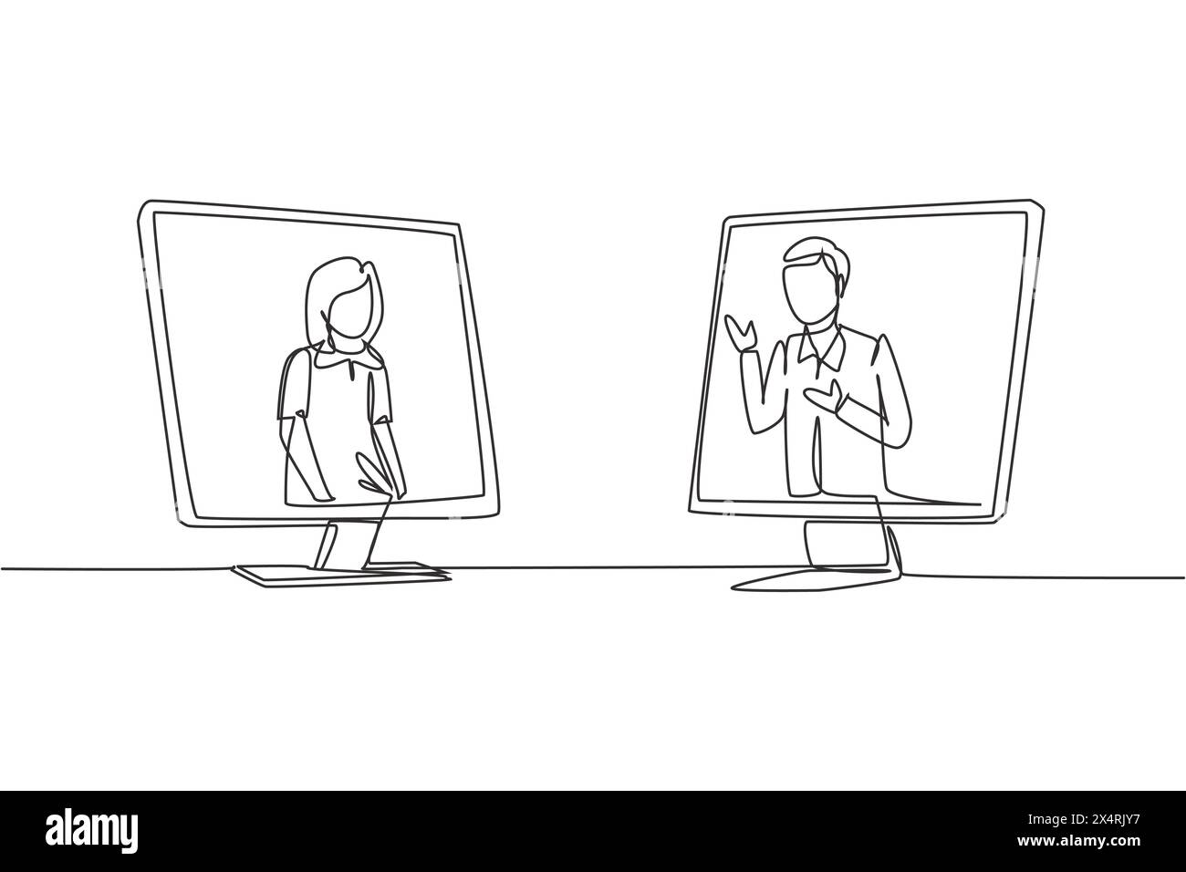 Continu d'une ligne dessinant deux moniteurs sont debout devant l'autre, un côté contient une étudiante du secondaire de premier cycle étudiant et l'OTH Illustration de Vecteur
