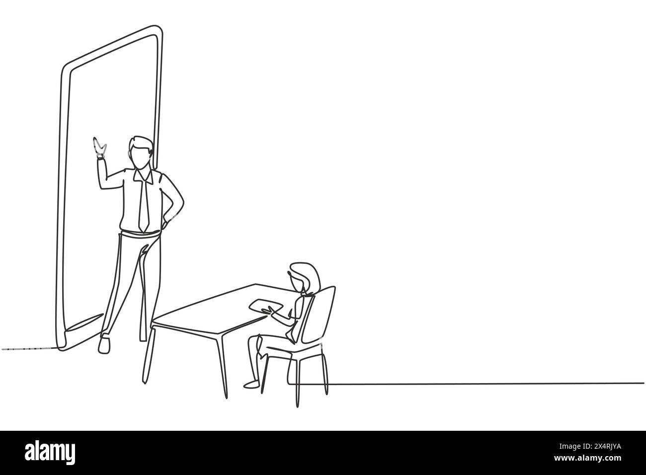 Simple une ligne dessin enseignant masculin debout devant le smartphone et enseignant des lycéennes filles assis sur des bancs autour du bureau. C Illustration de Vecteur