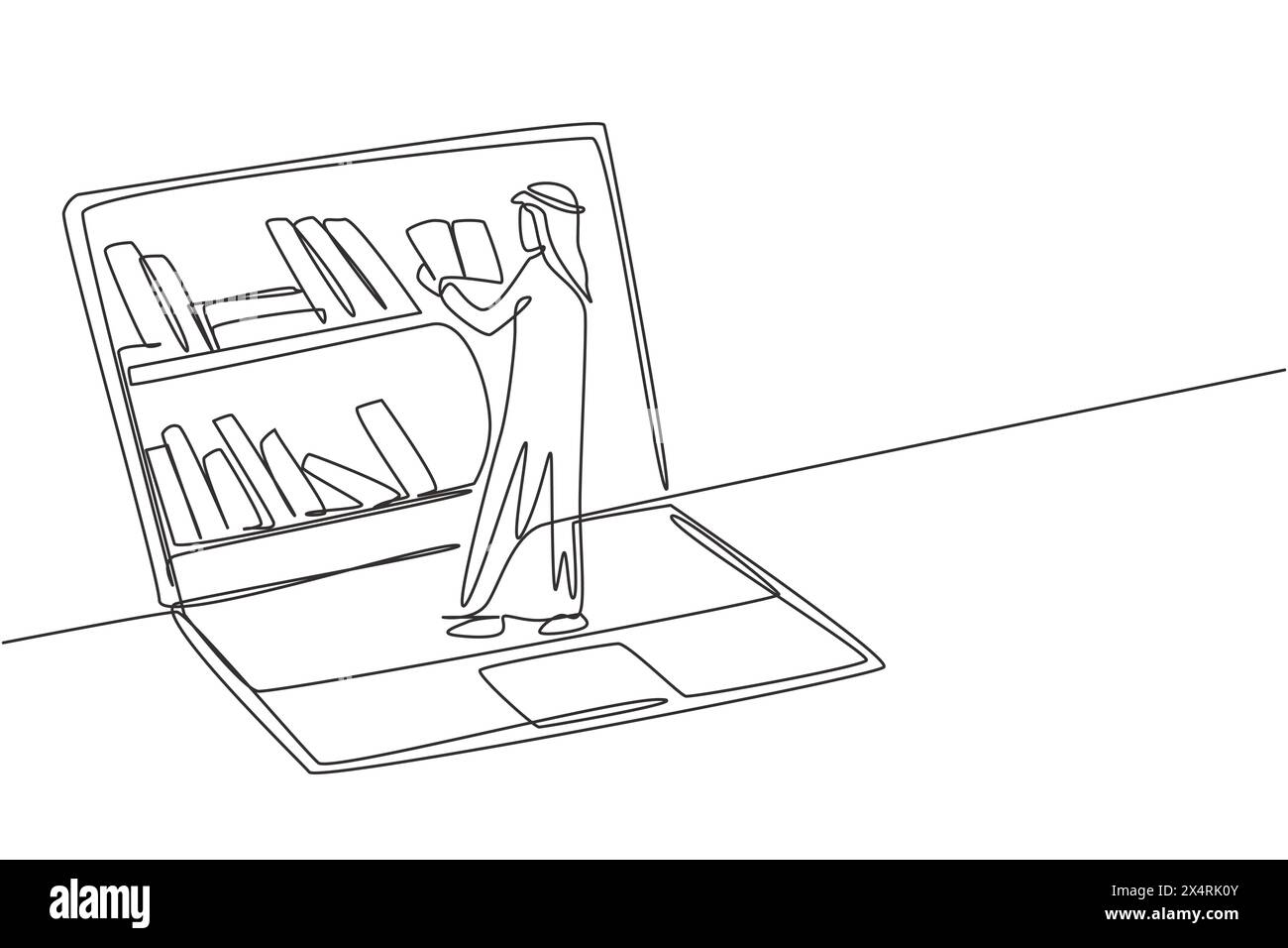 Ligne continue unique dessinant le livre de lecture d'un jeune étudiant arabe masculin tout en se tenant devant l'écran d'ordinateur portable avec une étagère sur l'écran. Dynamique Illustration de Vecteur