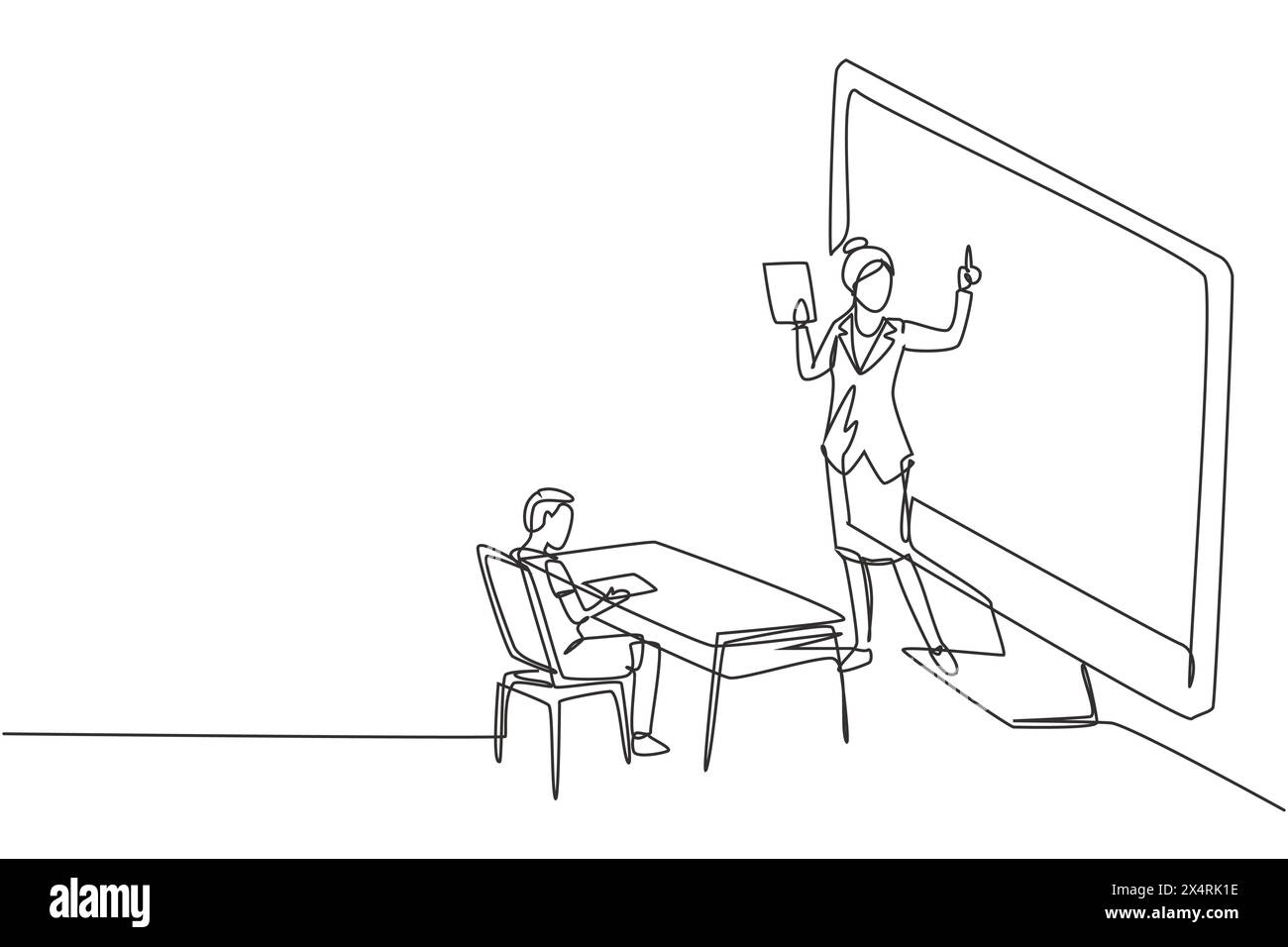 Continu d'une ligne dessinant enseignante féminine debout devant l'écran de moniteur tenant le livre et enseignant les élèves masculins du secondaire de premier cycle assis sur b. Illustration de Vecteur