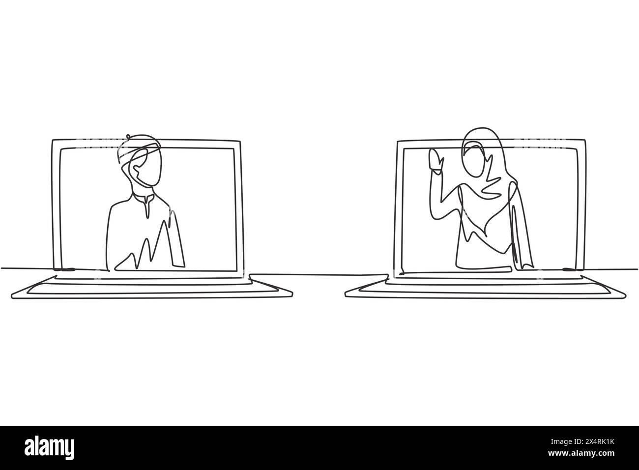 Continu une ligne dessinant deux ordinateurs portables se tiennent devant l'autre, un côté contient un étudiant arabe étudiant et l'autre contient le hijab Illustration de Vecteur