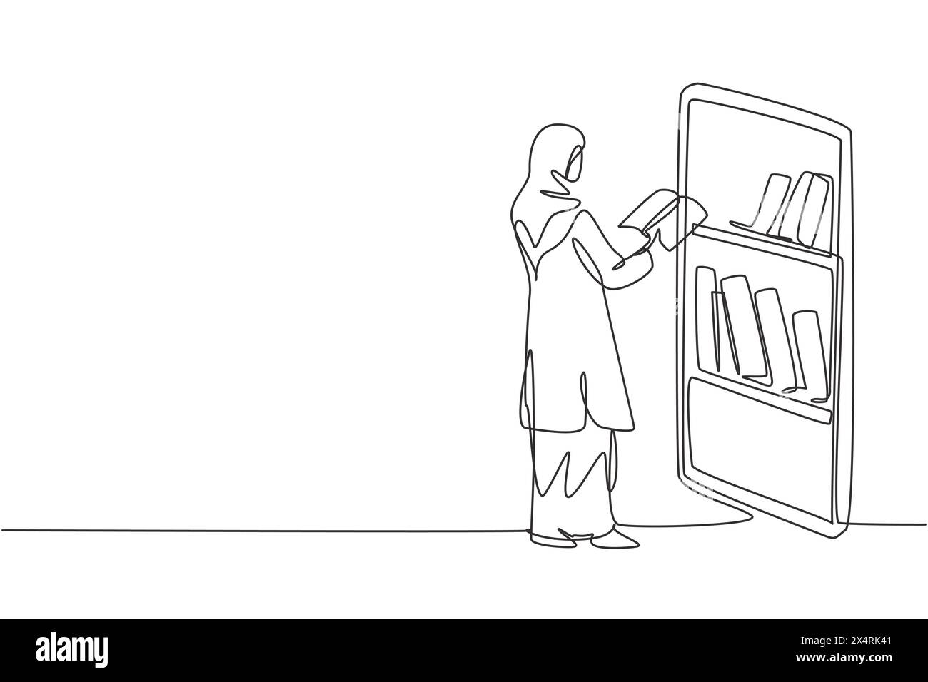 Ligne continue dessinant un livre de lecture jeune étudiante arabe tout en se tenant devant un smartphone avec une étagère à l'écran. L unique Illustration de Vecteur