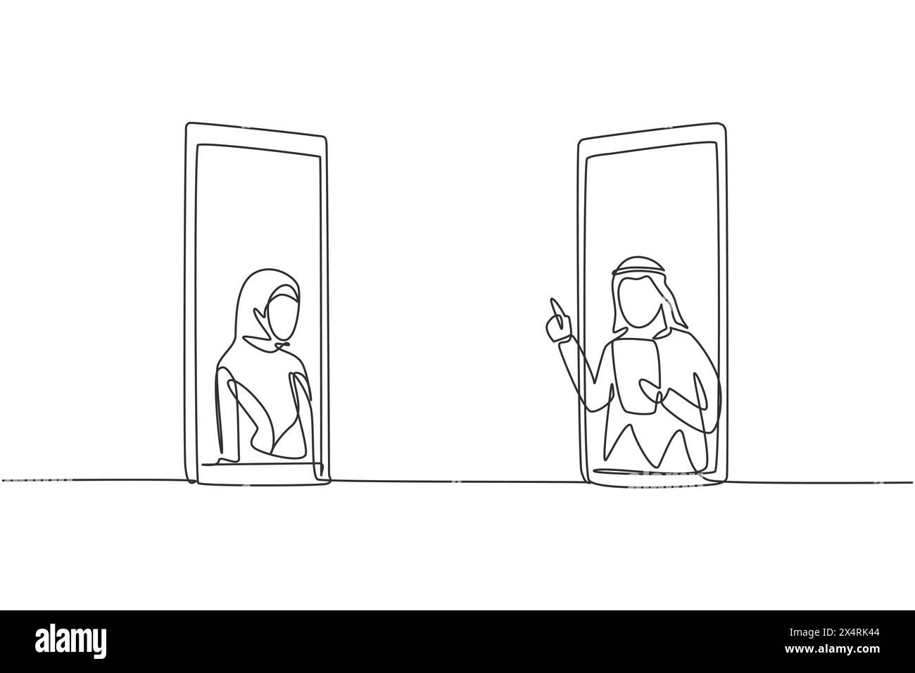 Simple une ligne dessin deux smartphones se tiennent devant l'autre, un côté contient hijab étudiante étudiante et l'autre contient AR Illustration de Vecteur