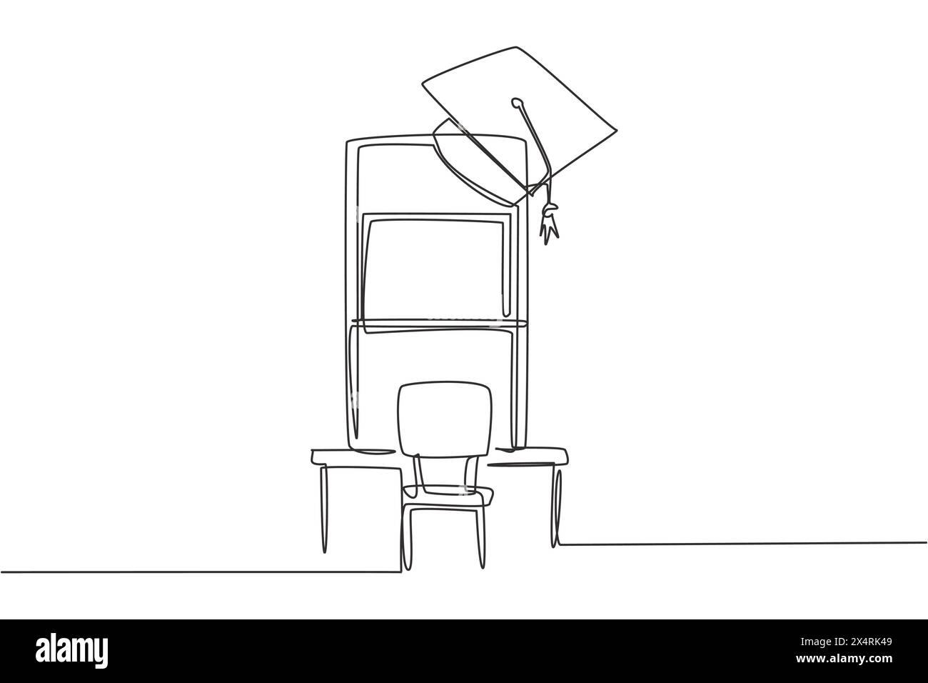 Ligne continue unique dessinant des chaises d'étude vides et des bureaux face à l'écran de smartphone dans lequel il y a un tableau blanc et un chapeau de graduation sur le dessus. Dynamique o Illustration de Vecteur