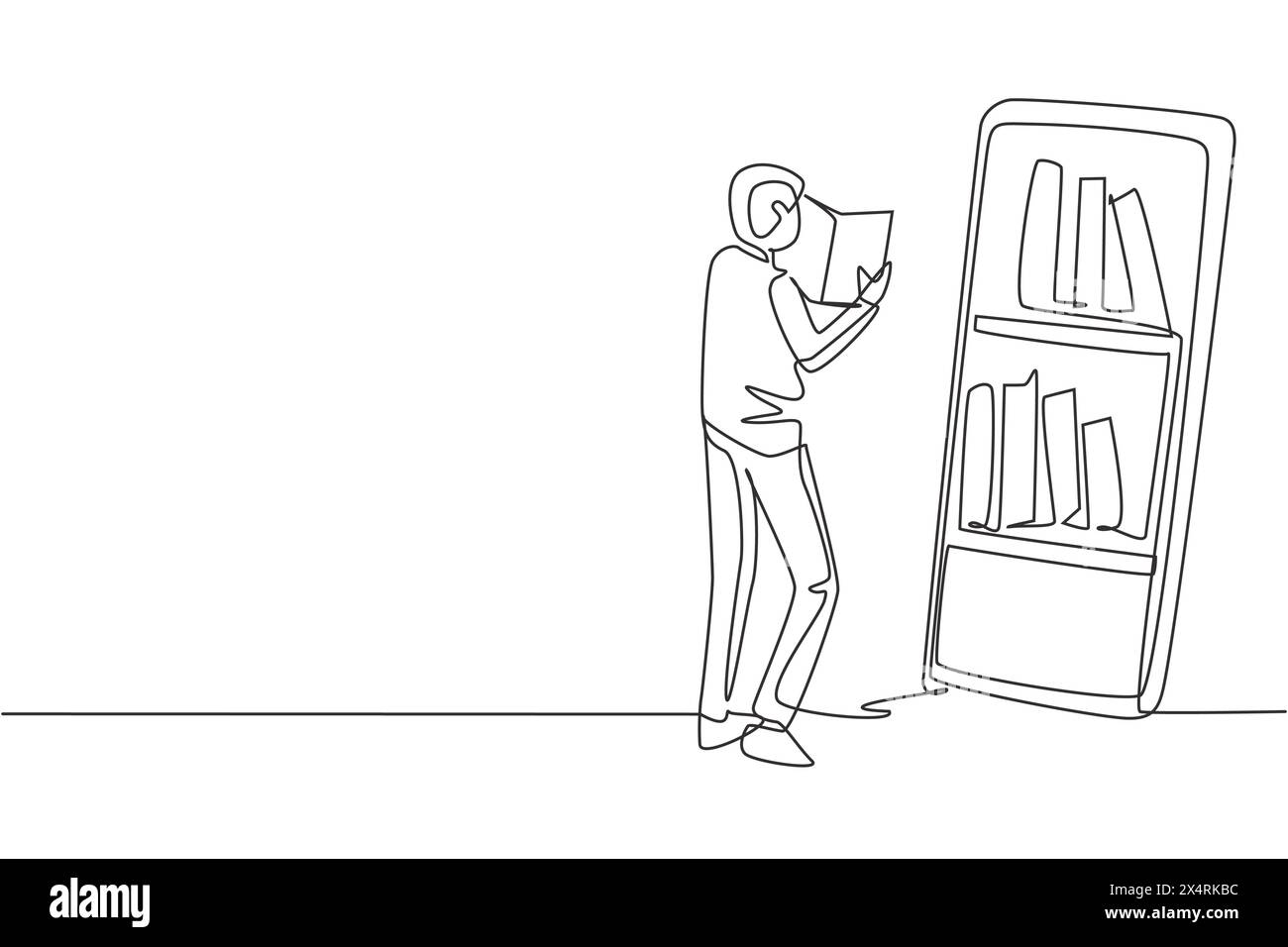 Simple dessin d'une ligne livre de lecture d'étudiant masculin tout en se tenant devant un grand smartphone avec étagère à l'écran. Éducation mobile. conti moderne Illustration de Vecteur