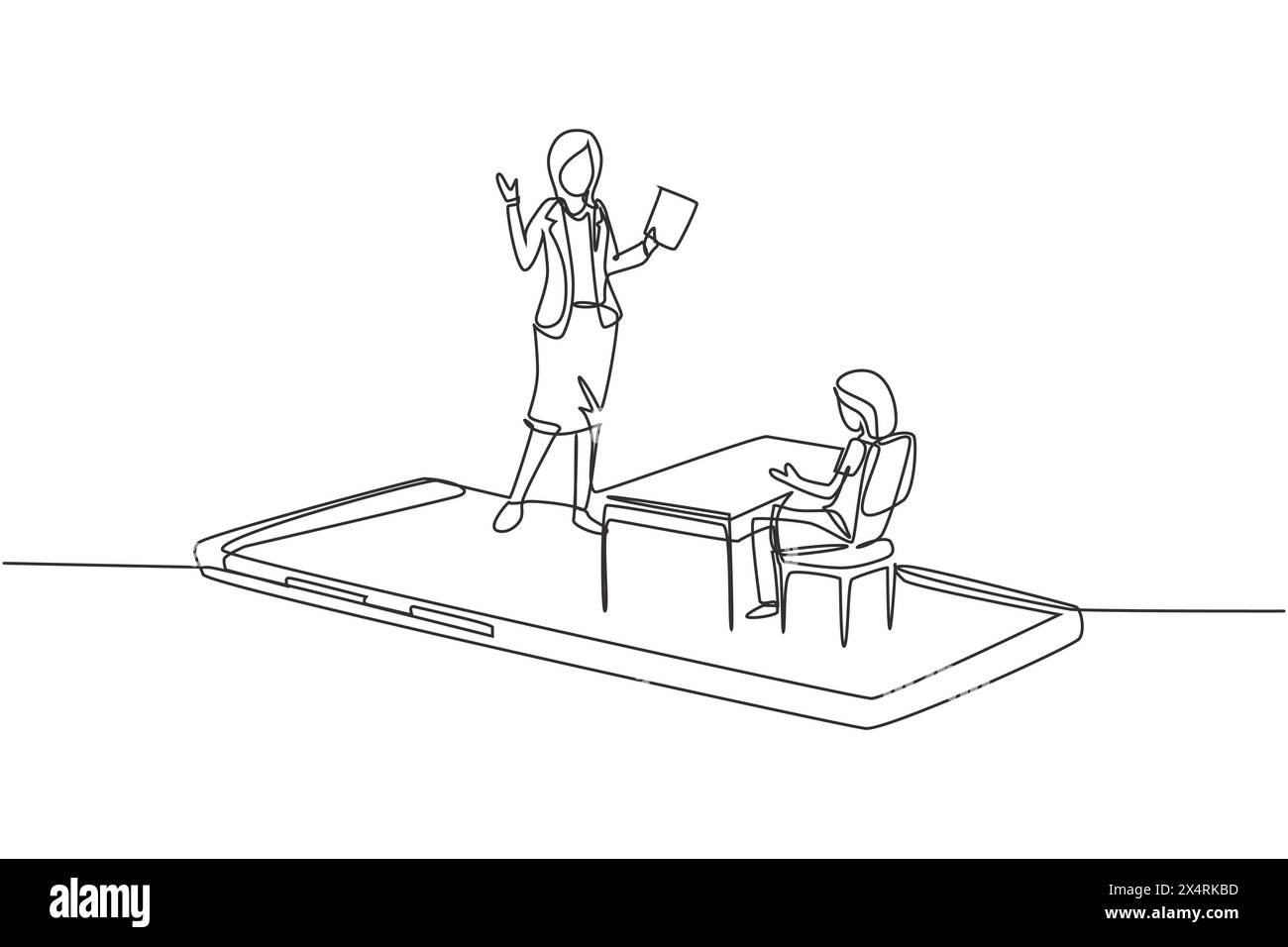 Une seule ligne continue dessinant une enseignante de sexe féminin enseignant une étudiante du secondaire qui est assise sur le banc autour du bureau et étudie sur smartphone. Un Illustration de Vecteur