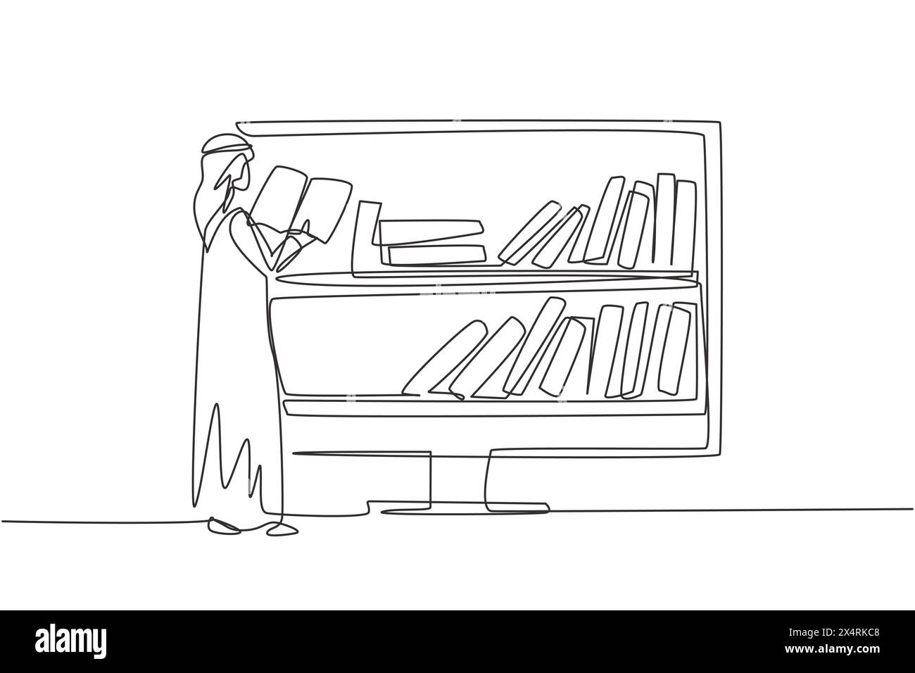 Continu d'une ligne dessinant le livre d'étudiant arabe masculin étudiant de l'université tout en se tenant debout devant le moniteur avec une étagère sur l'écran. Concept d'éducation. Péché Illustration de Vecteur